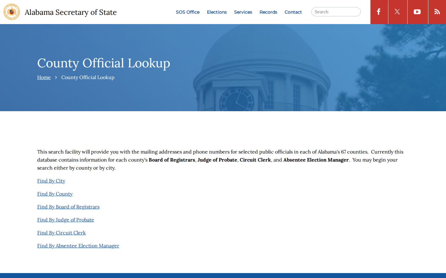 Alabama Secretary of State County Official Lookup page with options to find officials by city, county or office