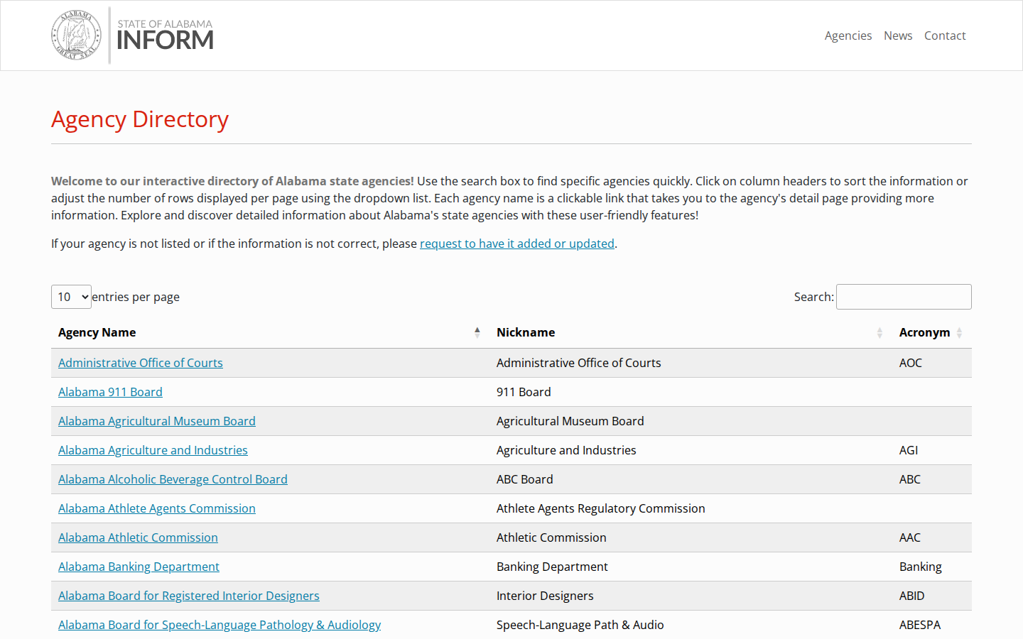 Inform Alabama Agency Directory table listing state agencies by name, nickname and acronym with a search box