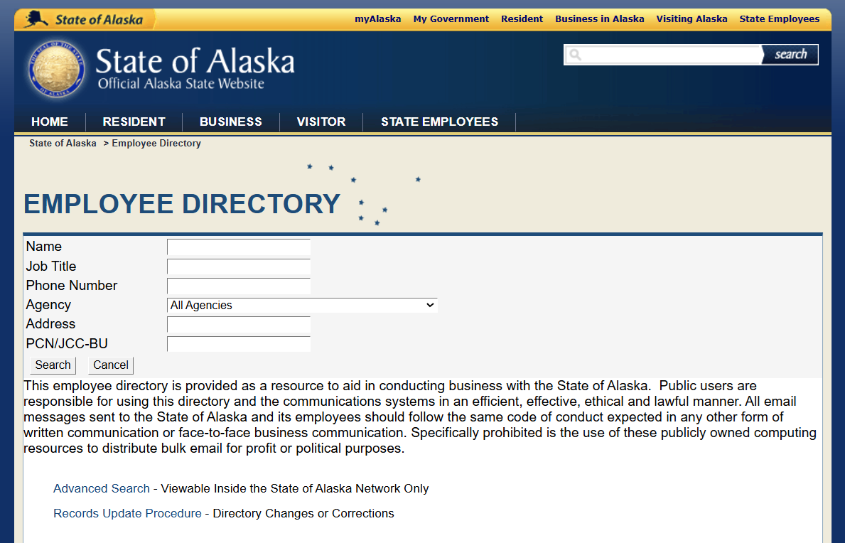 State of Alaska Employee Directory search form with name, job title, phone number, agency and address fields