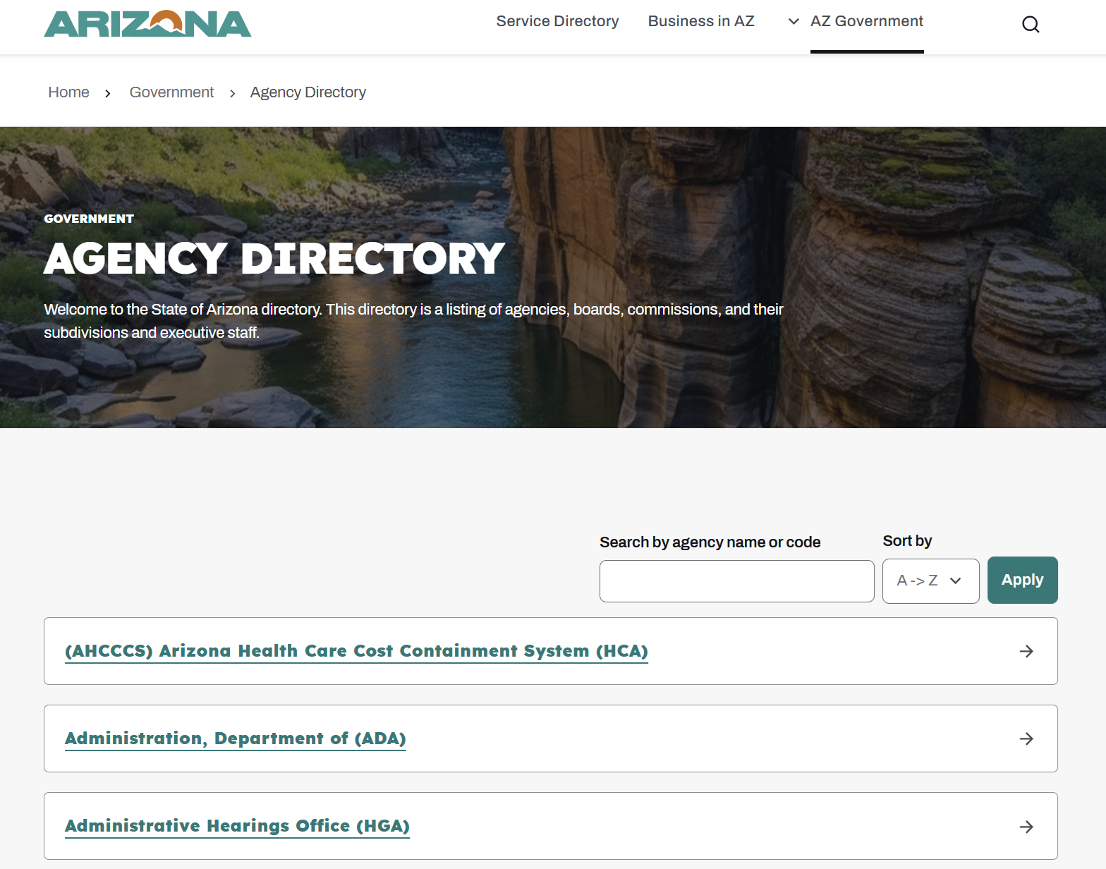 AZ.gov Agency Directory with a search by agency name or code and a list of Arizona state agencies