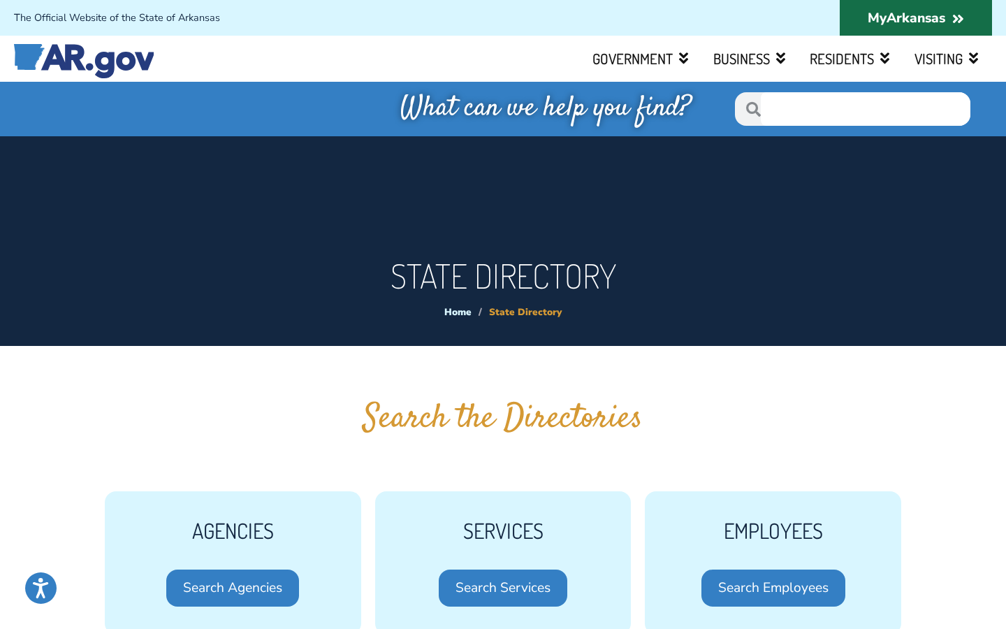 Arkansas.gov State Directory page with buttons to search agencies, services and employees