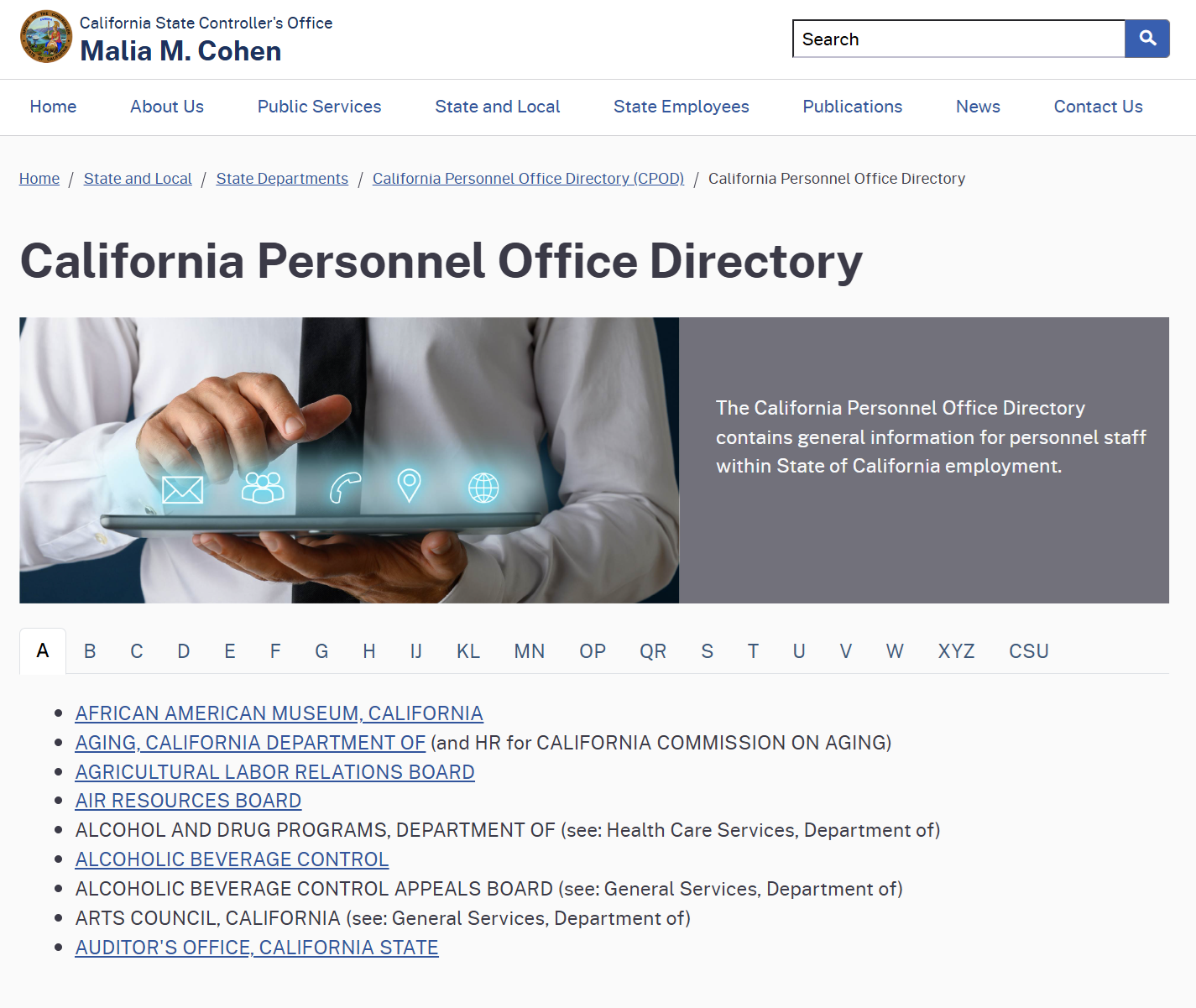 California Personnel Office Directory from the State Controller's Office with A to Z tabs of state departments