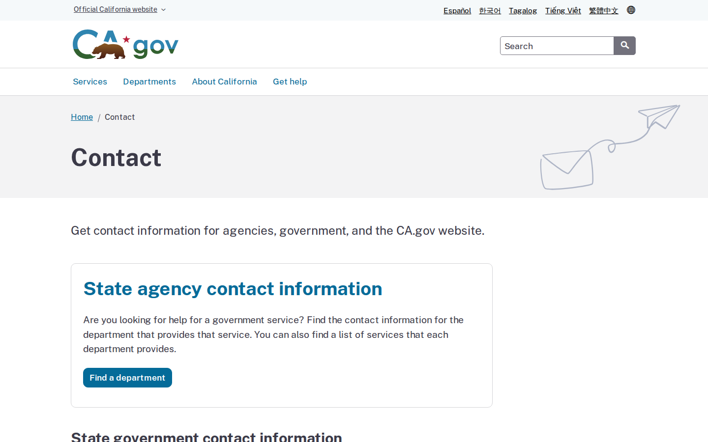 CA.gov Contact page with links to find a department, contact the Governor's Office and look up representatives