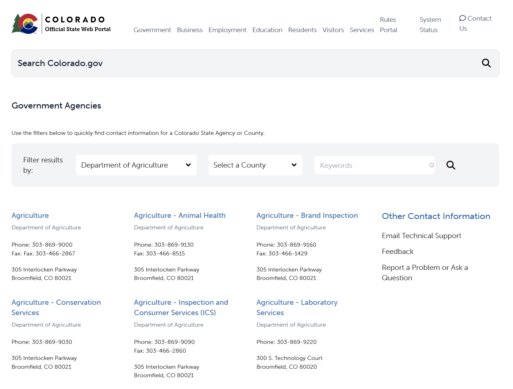 Colorado.gov Contacts Search with state agency, county and keyword filters above a list of office phone numbers