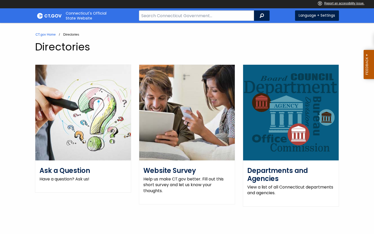 CT.gov Directories page listing state, municipal, federal and education directories