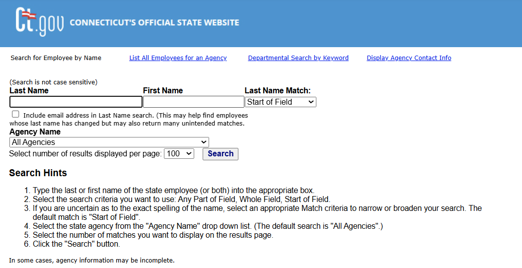Connecticut state employee search form with last name, first name, match type and agency fields