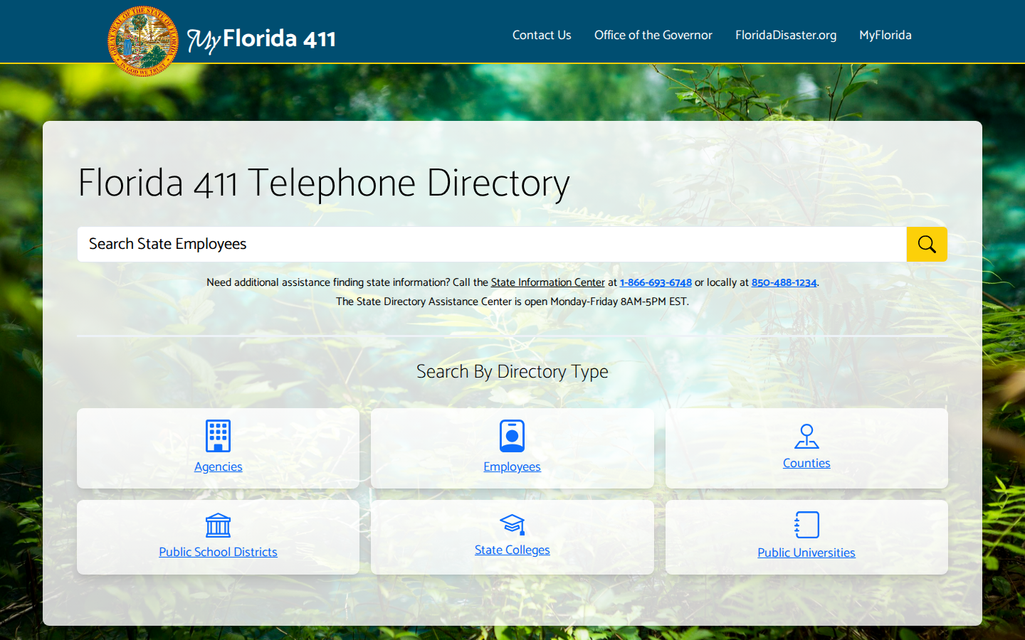 Florida 411 Telephone Directory home page with a state employee search box and six directory types