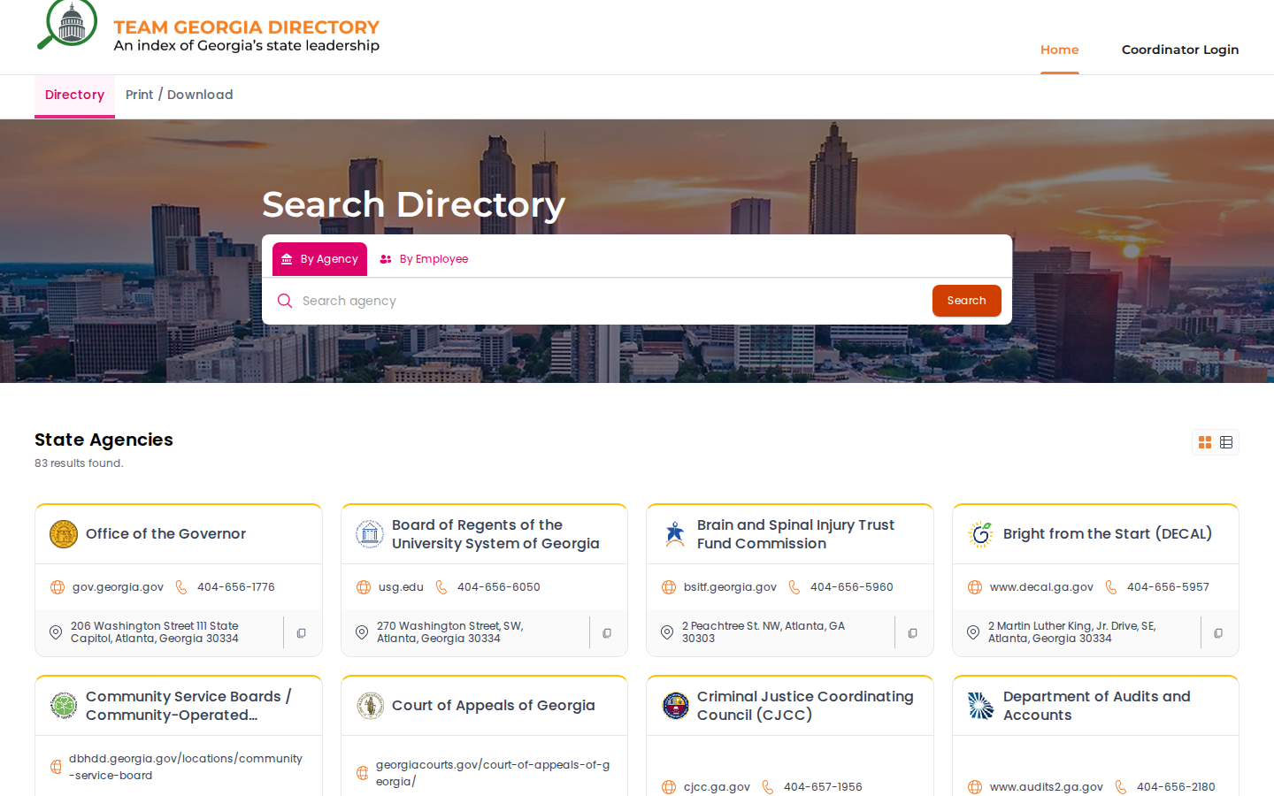 Team Georgia directory showing state agency cards with phone numbers, addresses and website links