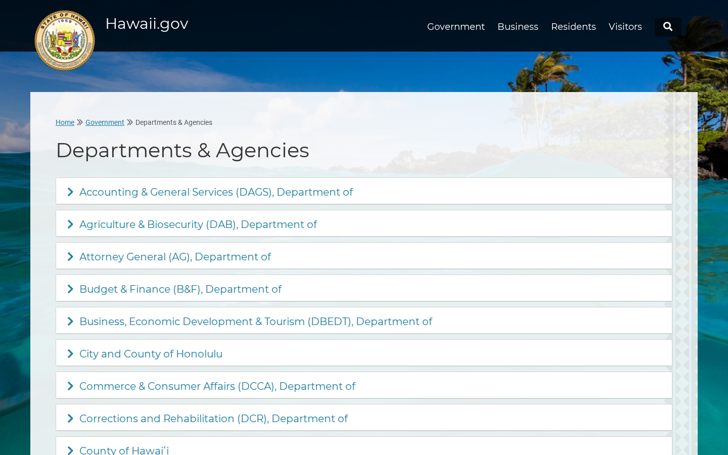 Hawaii Departments and Agencies page listing state departments with addresses, phone numbers and emails