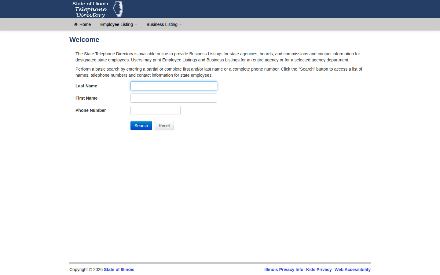 Illinois State Telephone Directory search form with last name, first name and phone number fields