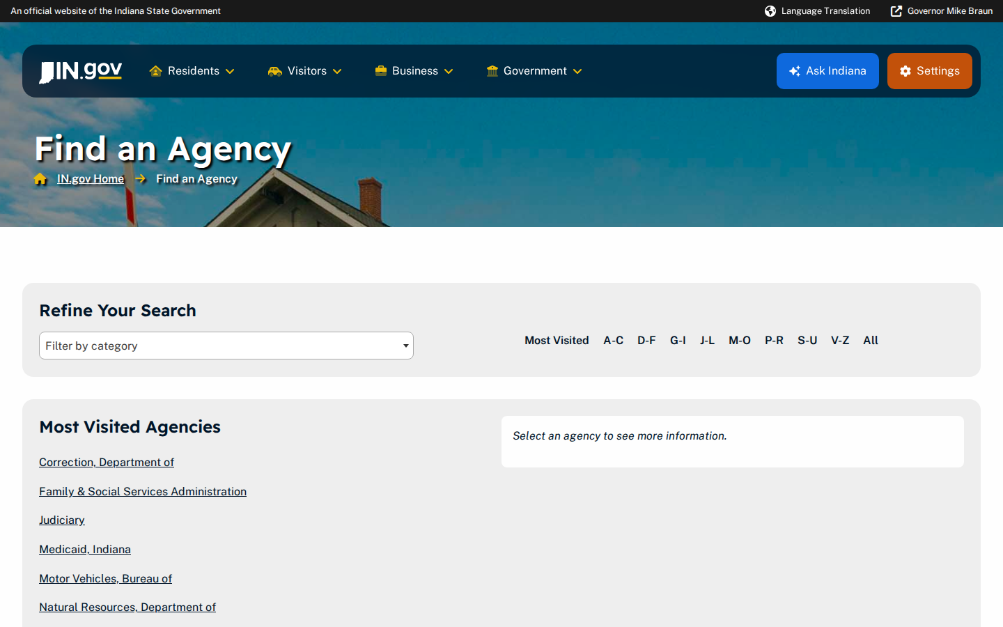 IN.gov Find an Agency page with a category filter, alphabetical tabs and a list of most visited agencies