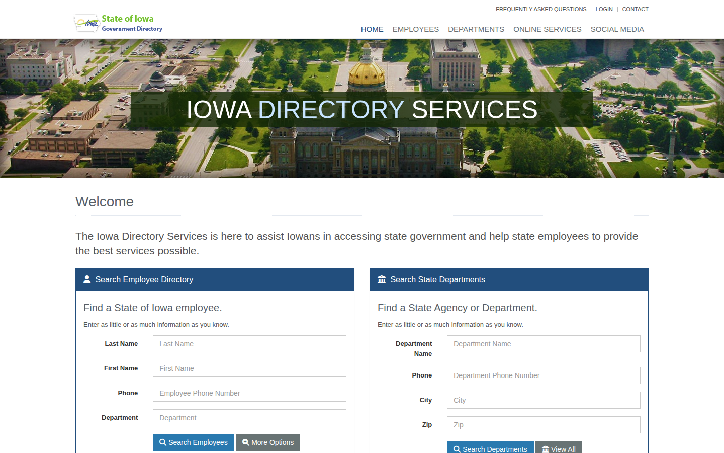 Iowa Directory Services home page with side-by-side employee and state department search forms