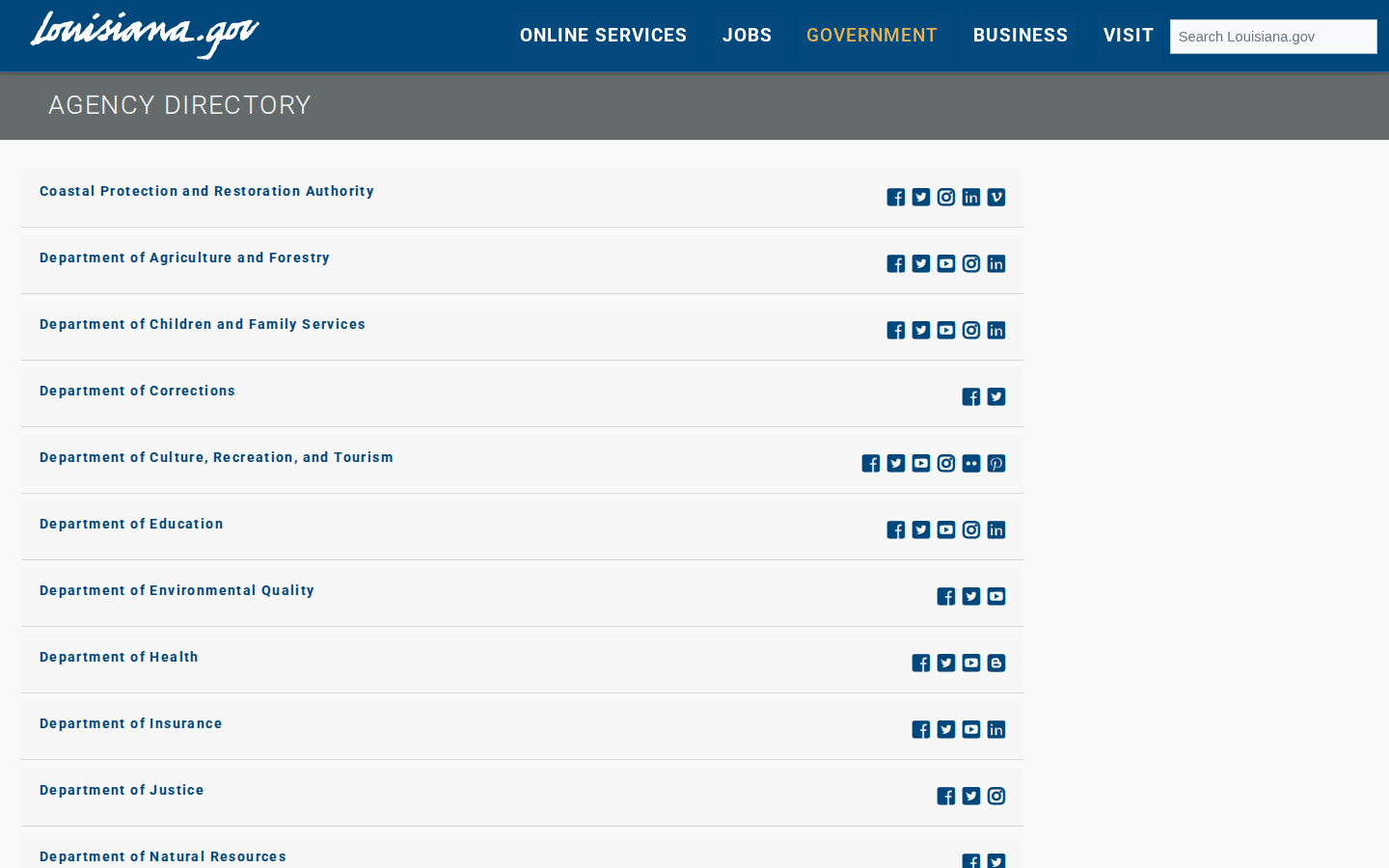 Louisiana.gov agency directory listing state agencies with addresses, main phone numbers and websites