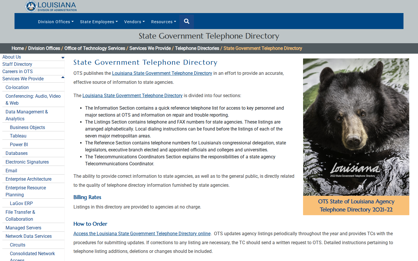 Louisiana Office of Technology Services page for the State Government Telephone Directory PDF download