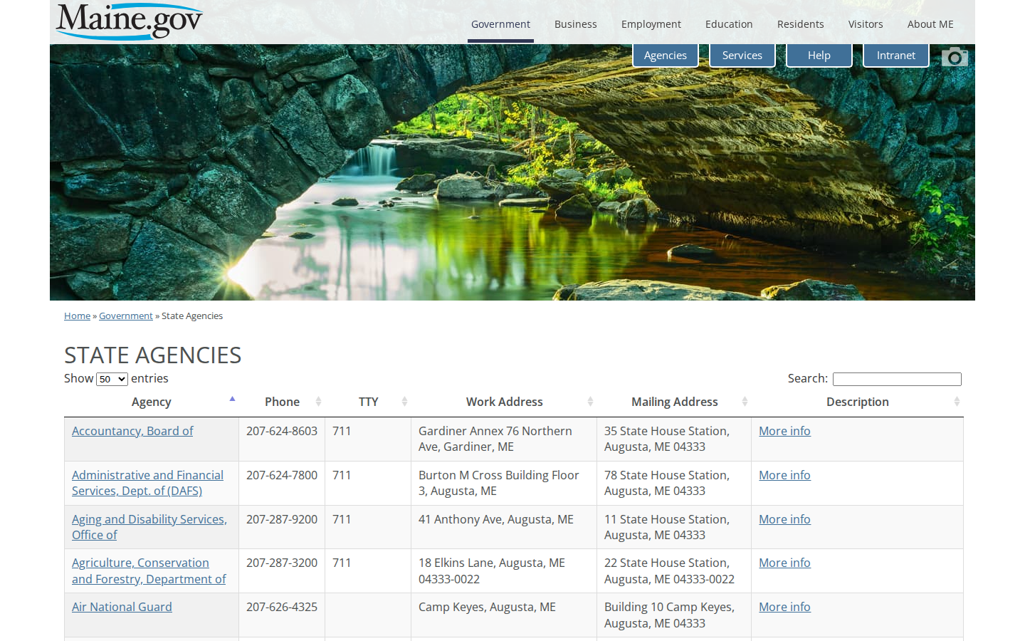 Maine.gov State Agencies page listing agencies alphabetically with phone numbers, TTY lines and addresses