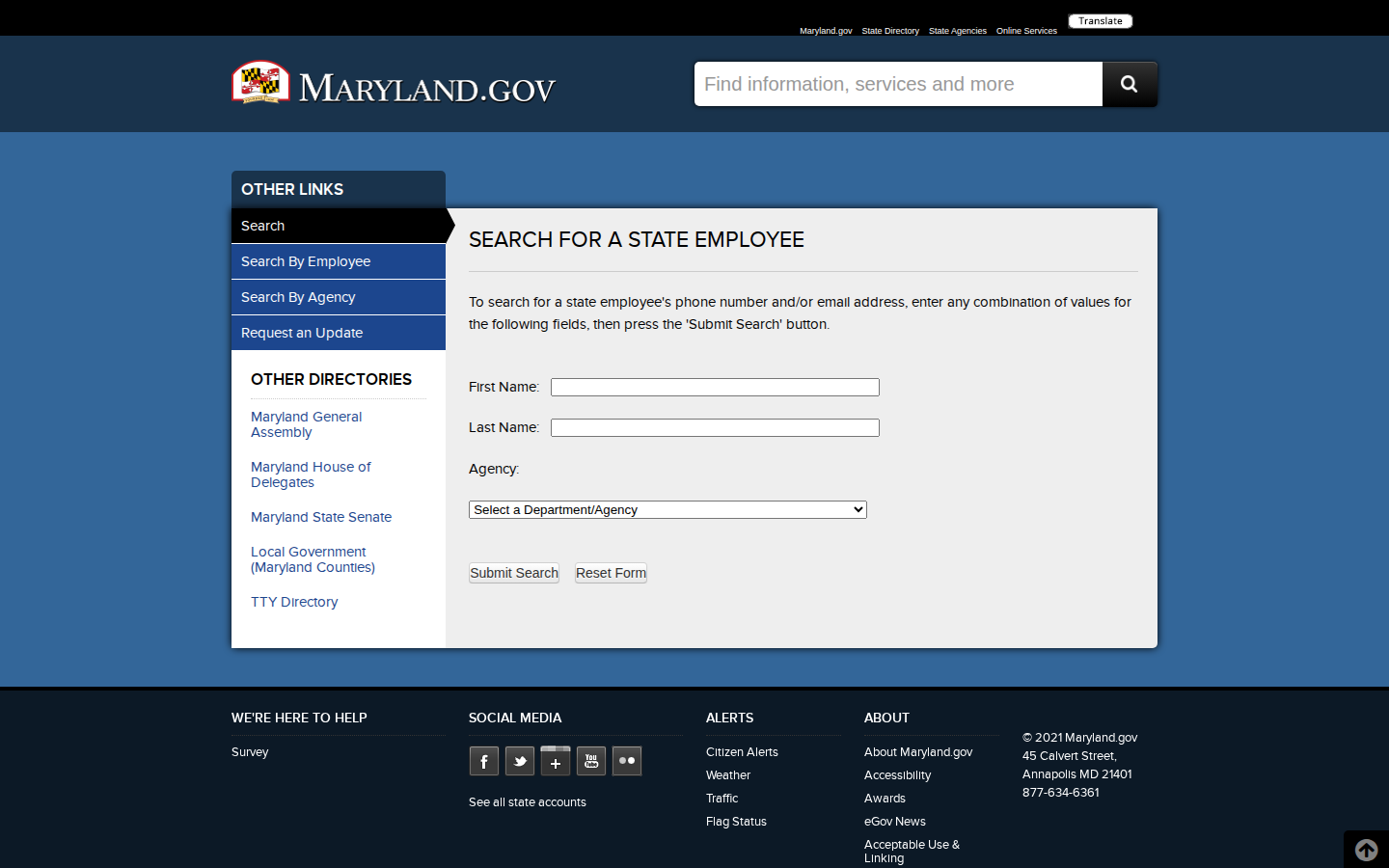 Maryland statewide employee directory search form with first name, last name and agency fields