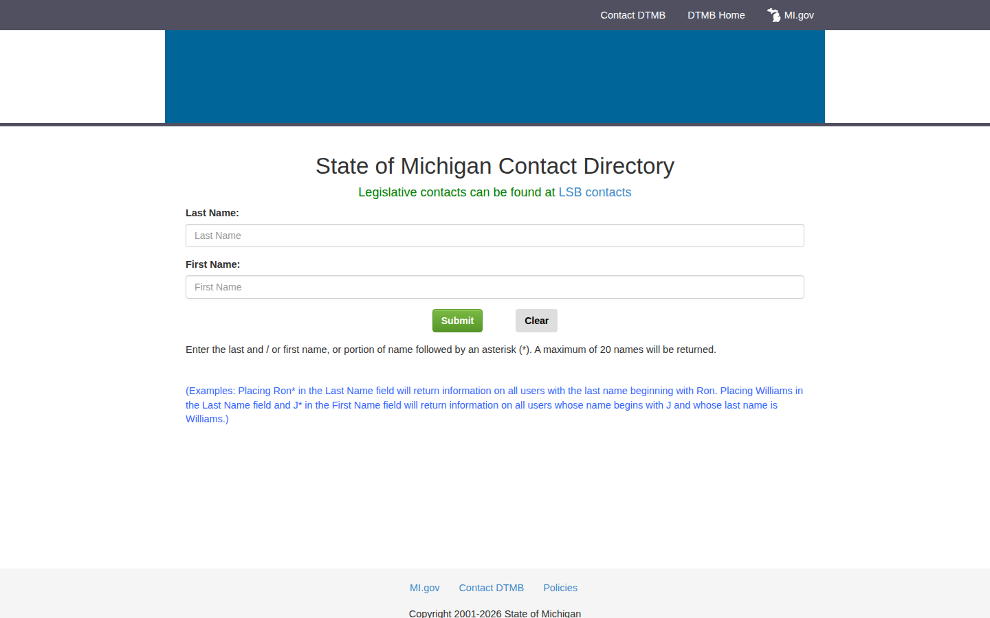 State of Michigan Contact Directory search form with last name and first name fields