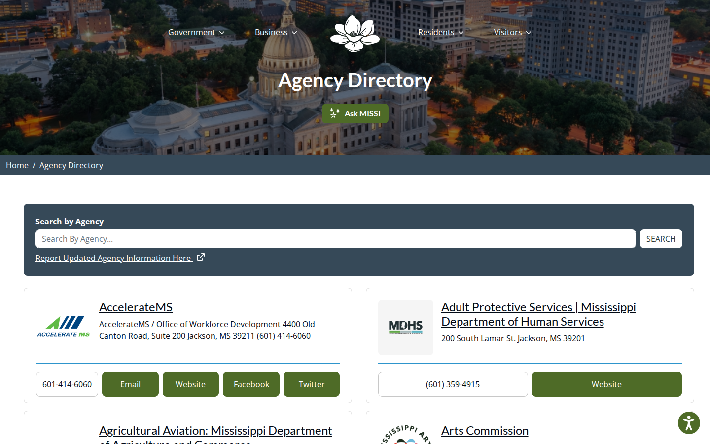MS.gov Agency Directory with a search by agency box and agency addresses and phone numbers
