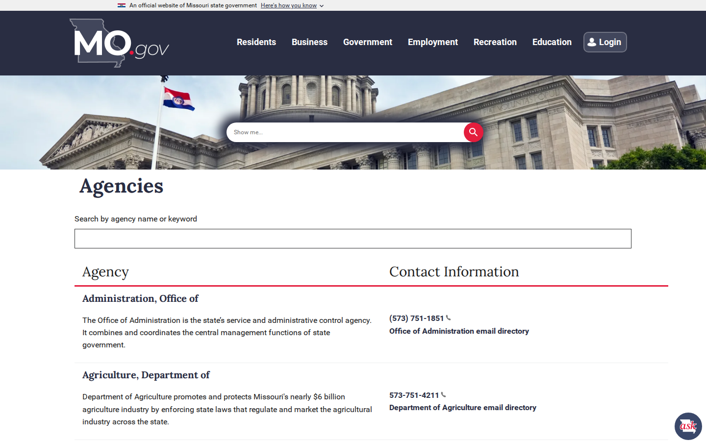 MO.gov agencies table with a search box, agency descriptions and main phone numbers