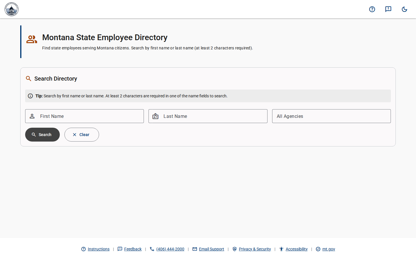 Montana State Employee Directory search with first name, last name and agency fields
