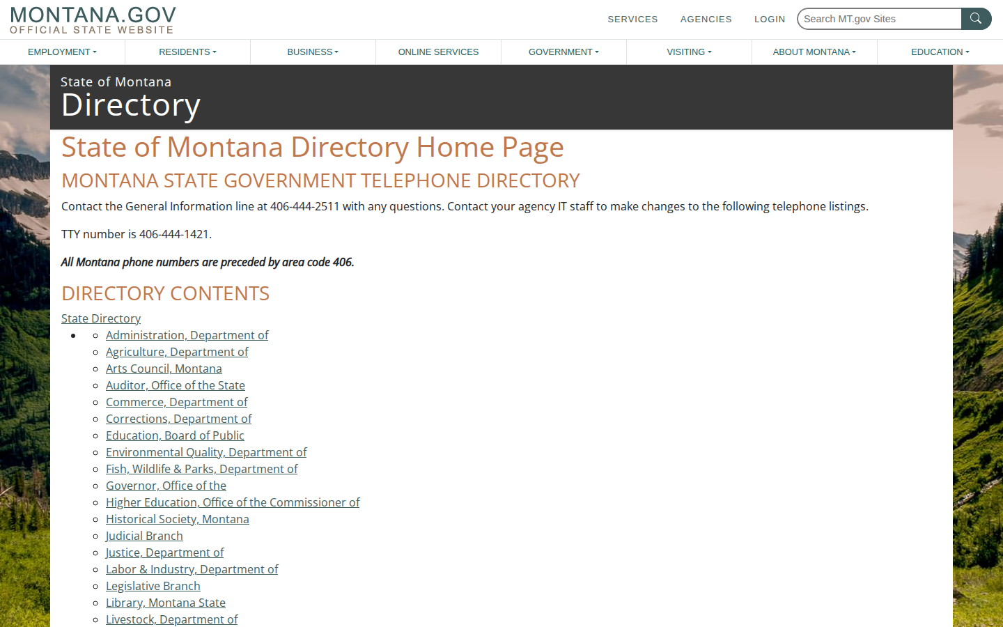 State of Montana Government Telephone Directory page with browse by agency, city and toll-free listings