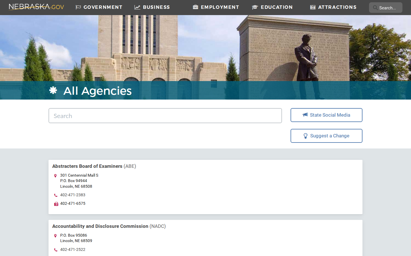 Nebraska.gov All Agencies page with a search box and agency cards showing addresses and phone numbers