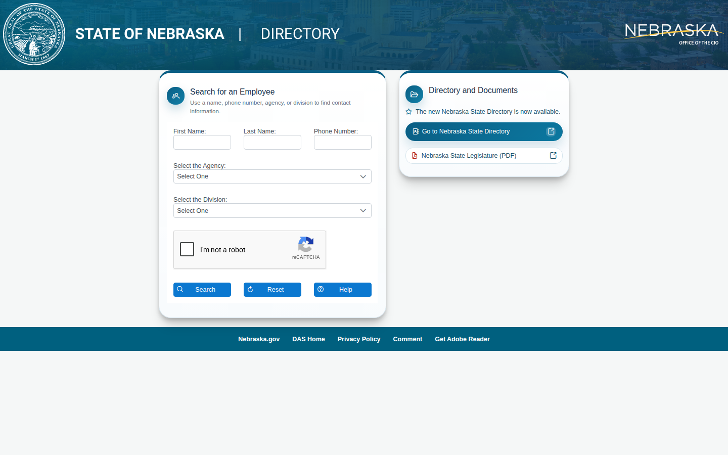 Nebraska state employee phone search form with name, phone number, agency and division fields