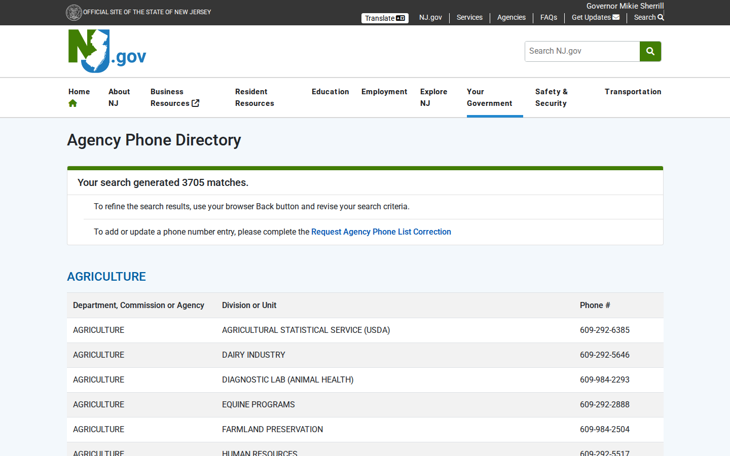 NJ.gov Agency Phone Directory results listing departments, divisions and phone numbers