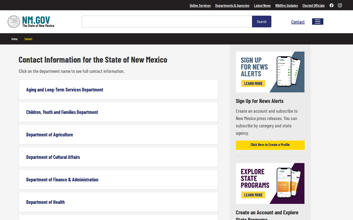NM.gov contact page listing state departments with addresses and phone numbers
