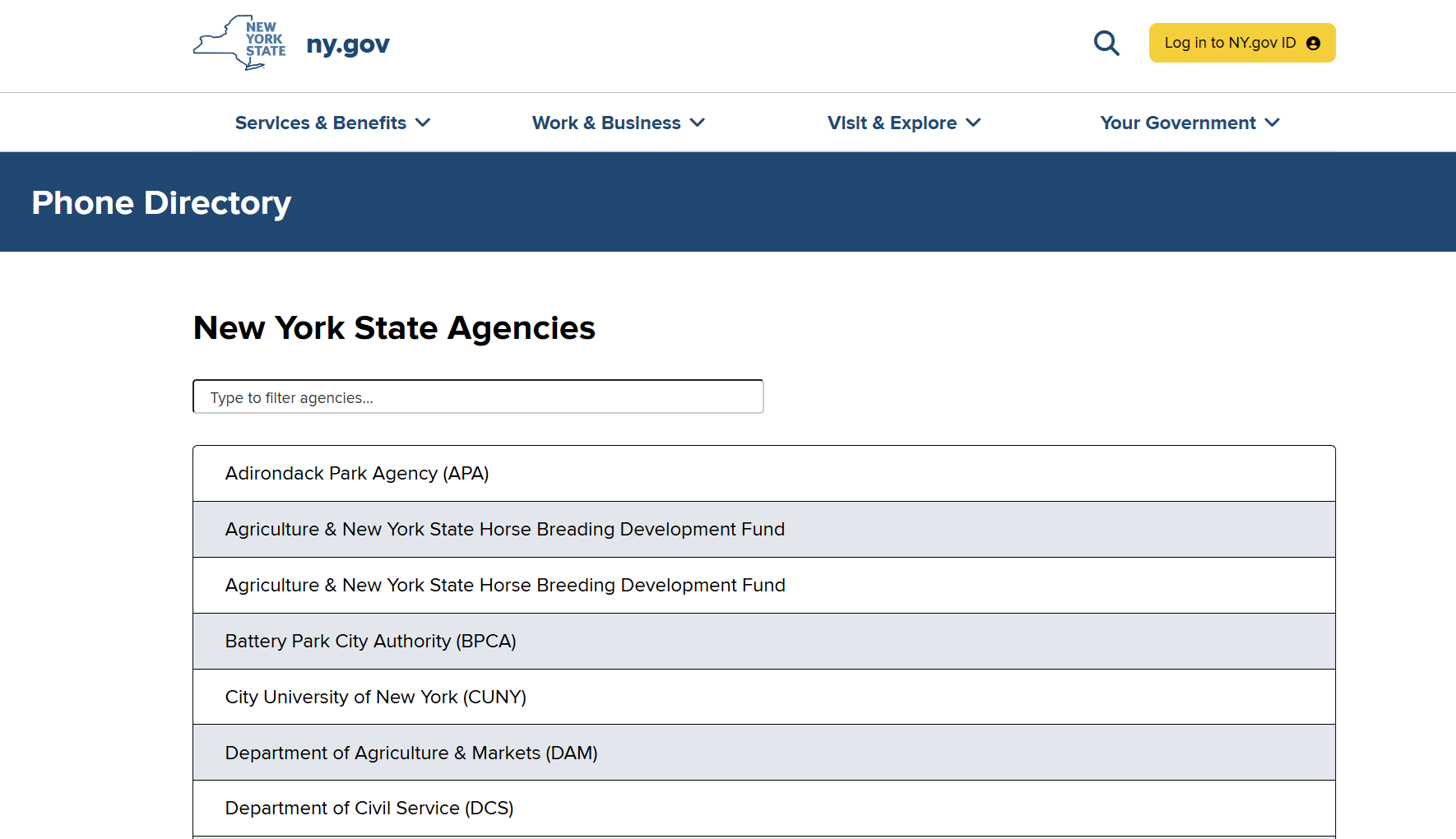 New York State Phone Directory on NY.gov with a keyword search and agency contact tables