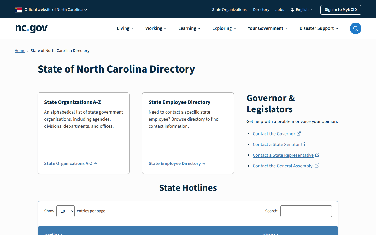 NC.gov State of North Carolina Directory page with directory links and a table of state hotlines
