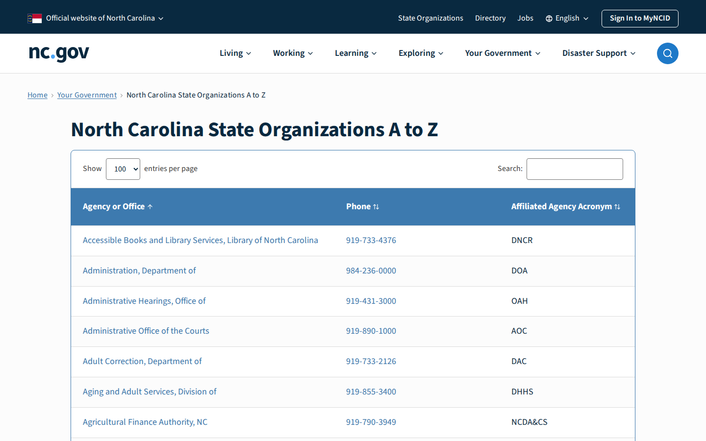 NC.gov State Organizations A to Z table with agency names, phone numbers and a search box