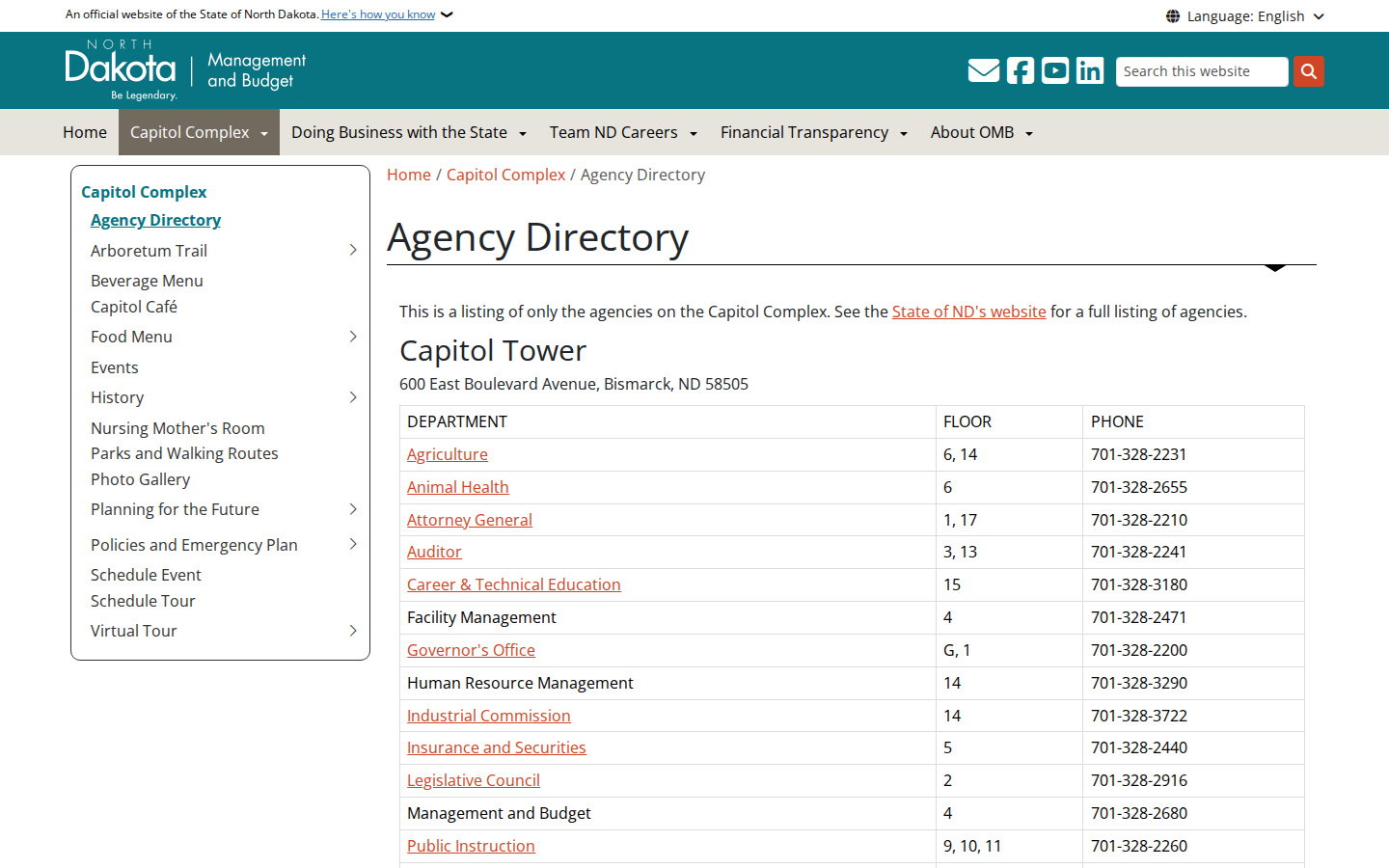 North Dakota Capitol Complex agency directory tables showing departments, floors and phone numbers by building