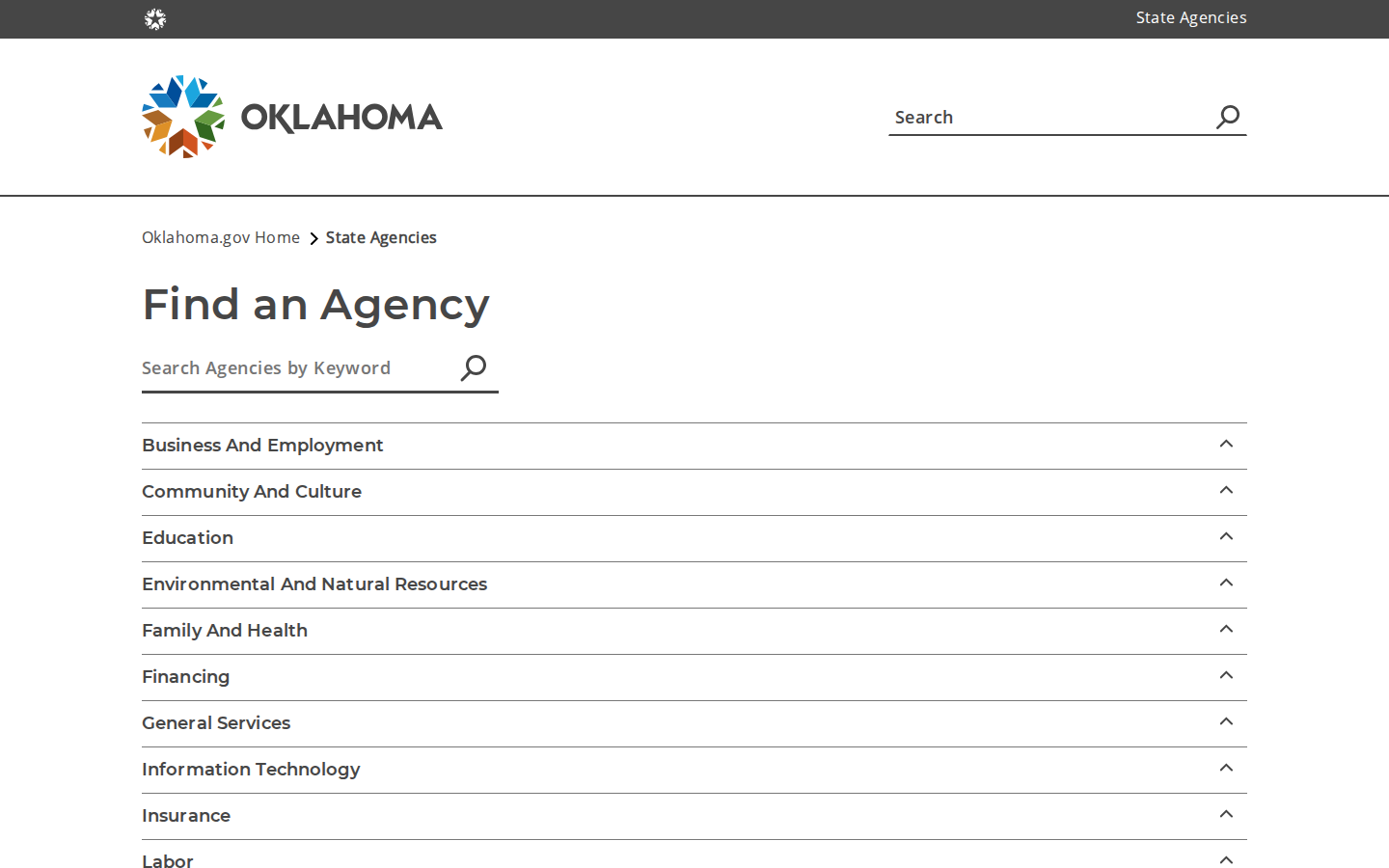 Oklahoma.gov Find an Agency page with a keyword search and expandable agency categories