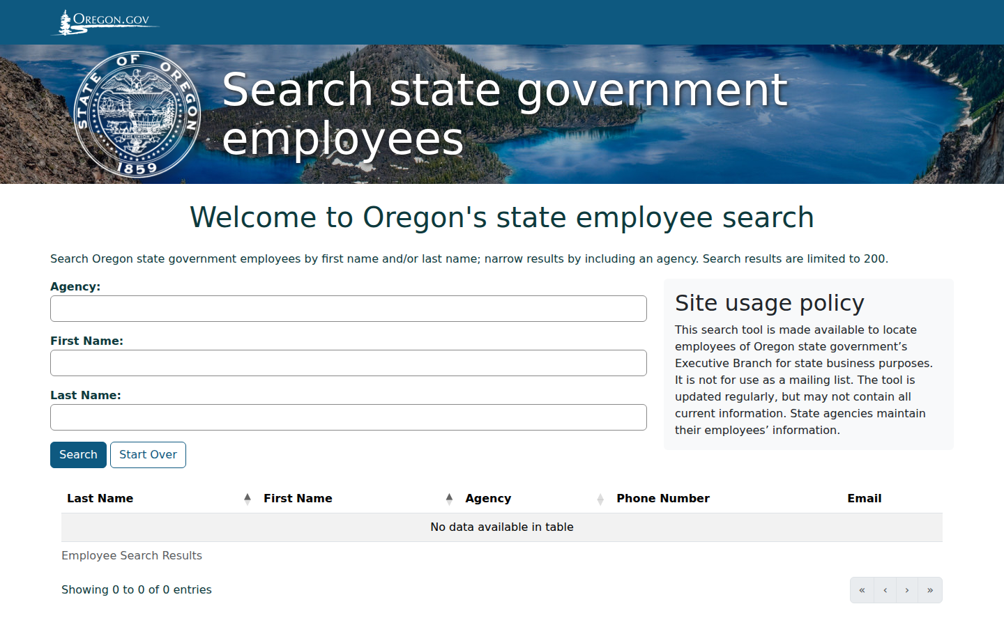 Oregon state Employee Search form with first name, last name and agency fields