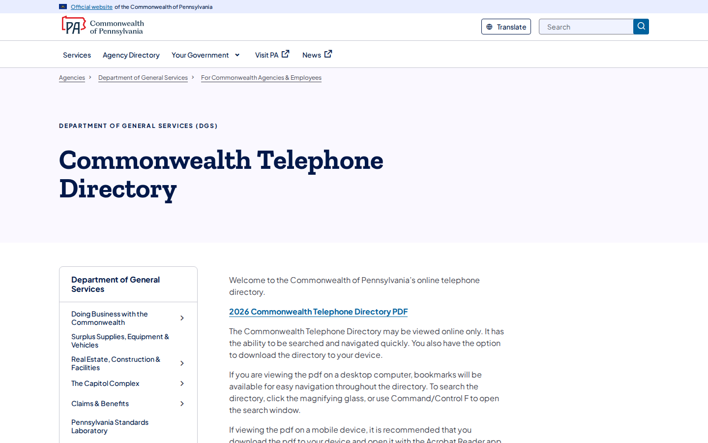 Pennsylvania Commonwealth Telephone Directory page with links to agency phone listing PDFs