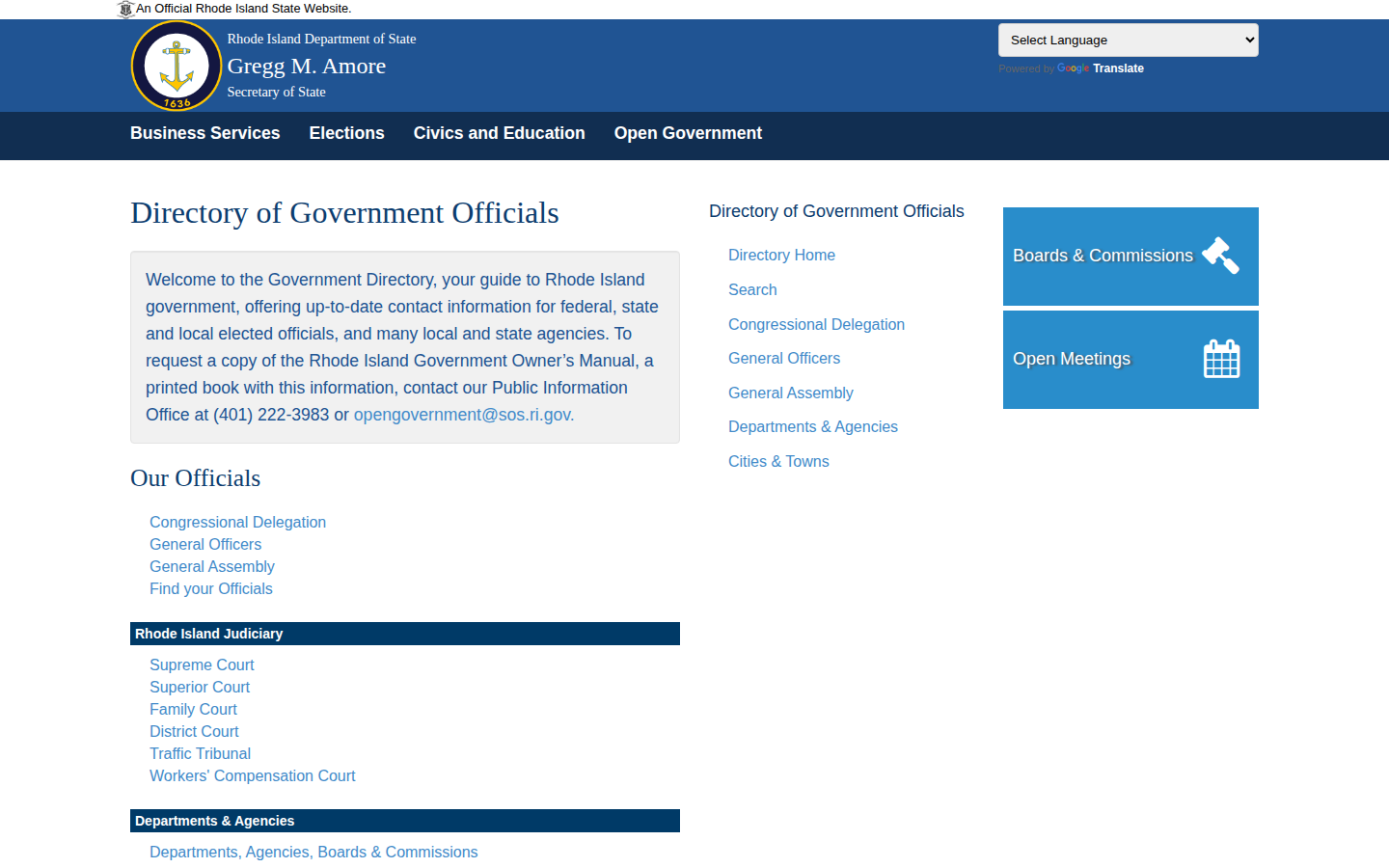 Rhode Island Secretary of State Government Directory with search and browse categories for officials and agencies