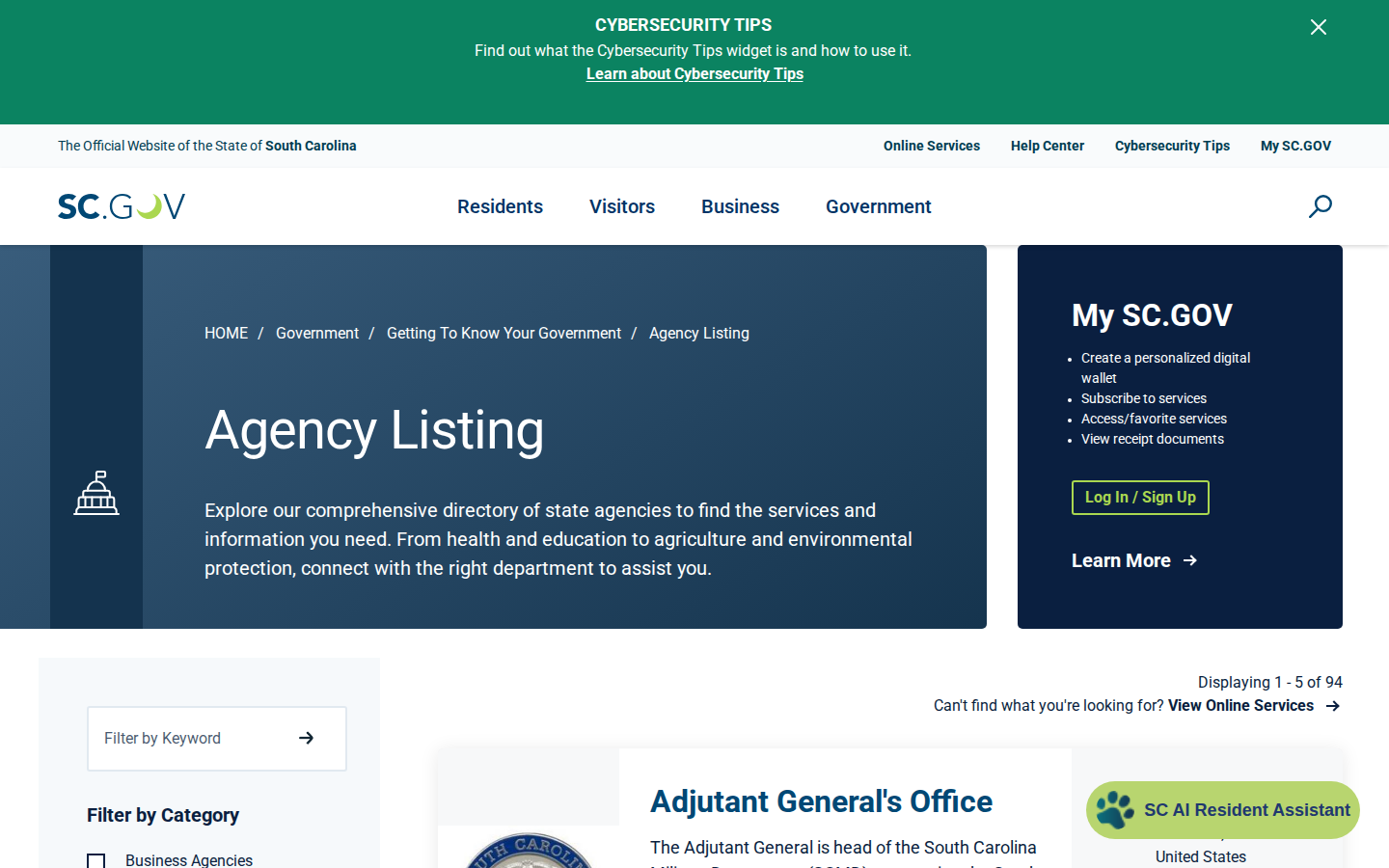 SC.gov agency listing with a category filter and agency descriptions, addresses and phone numbers
