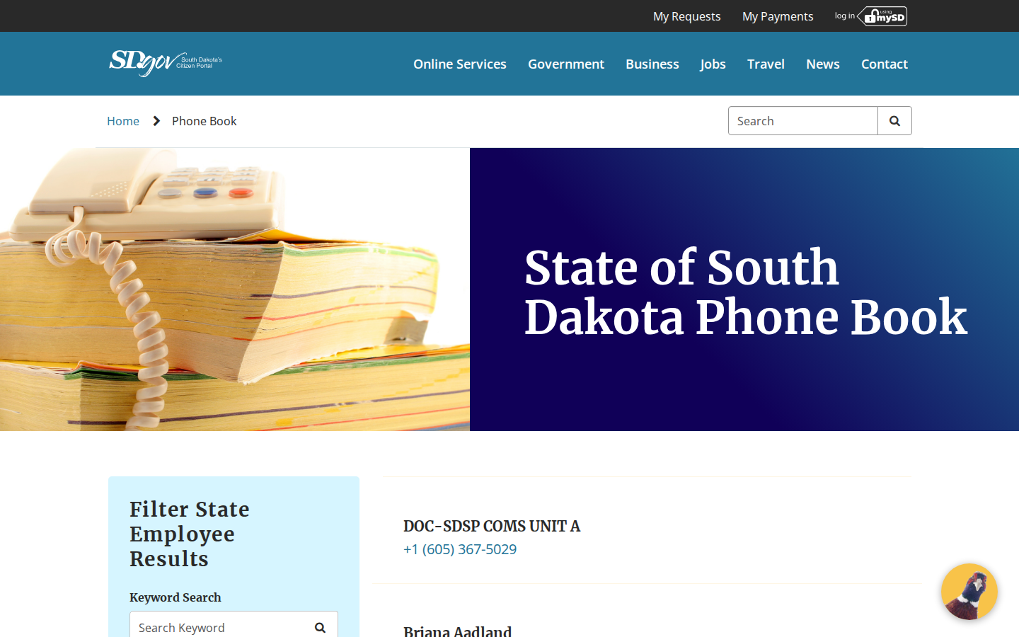 State of South Dakota Phone Book with a keyword filter and a list of employee and office phone numbers