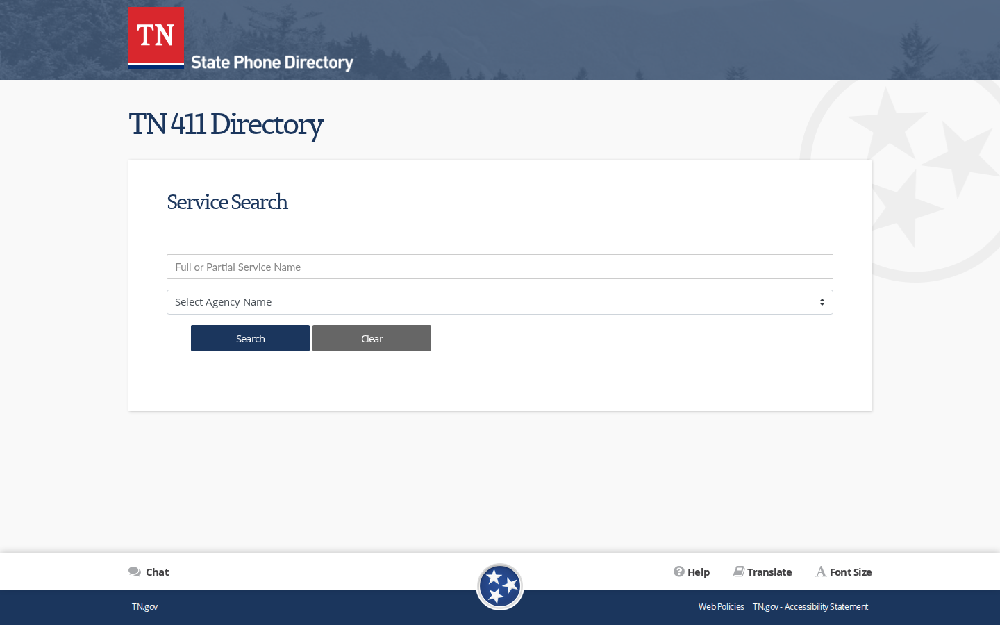 TN 411 Directory service search with a service name field and an agency menu