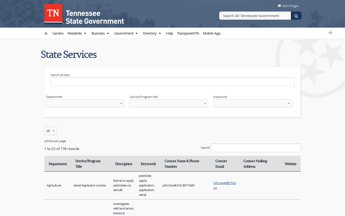 TN.gov State Services table with a search box, department filters and program contact phone numbers