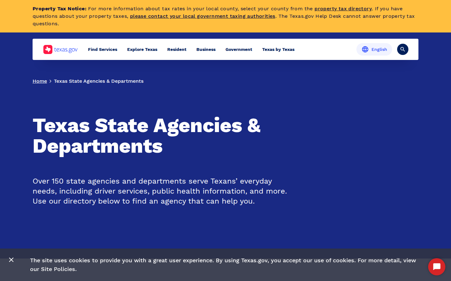 Texas.gov state agencies directory with keyword search, agency type filters and agency phone numbers