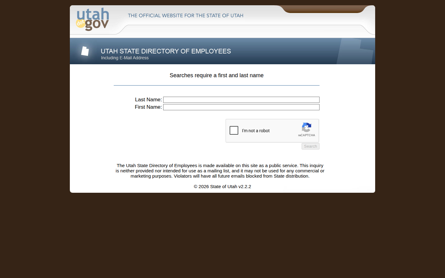 Utah state employee directory search form with last name and first name fields