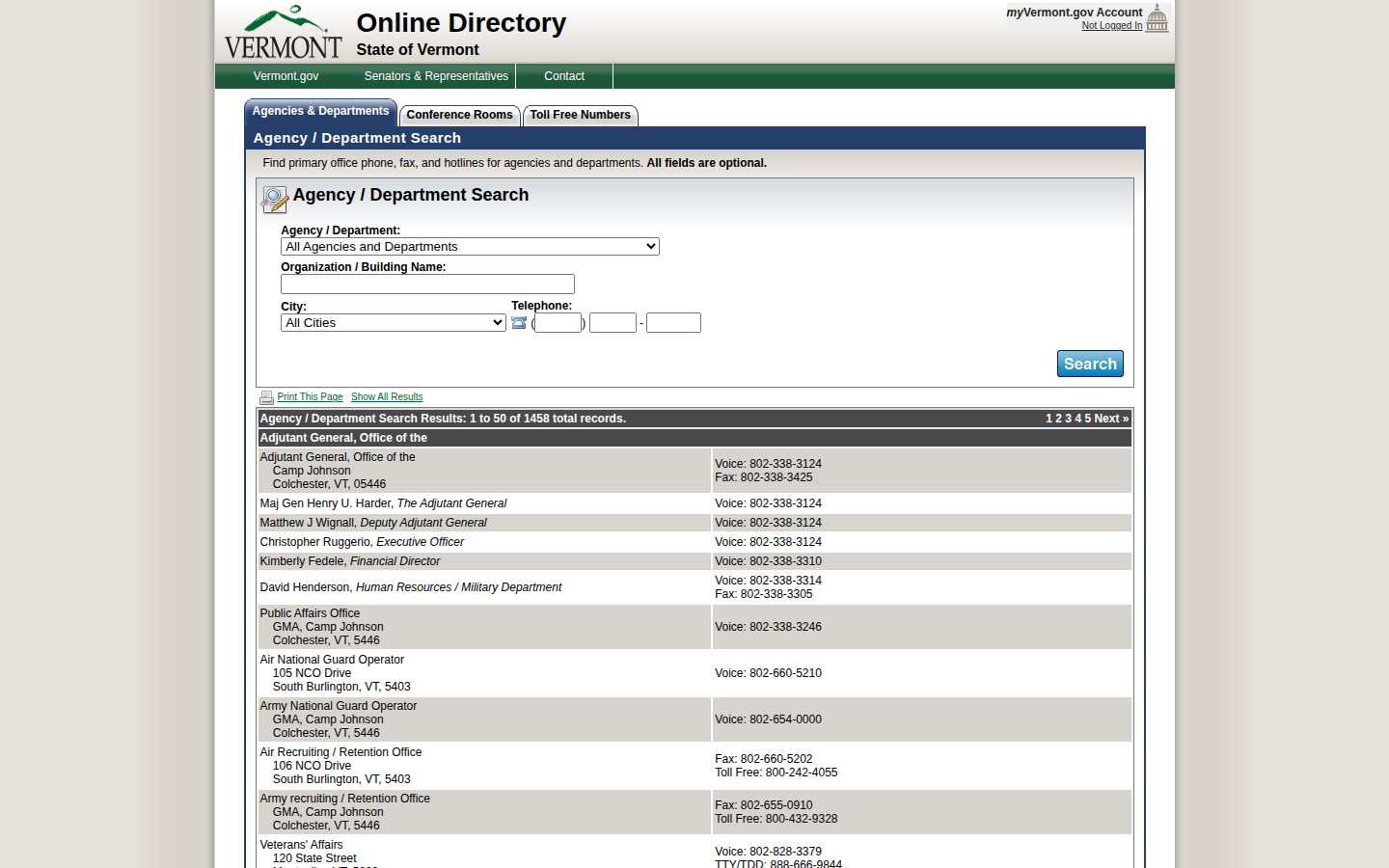 Vermont state government phonebook search by agency, organization, city or telephone number