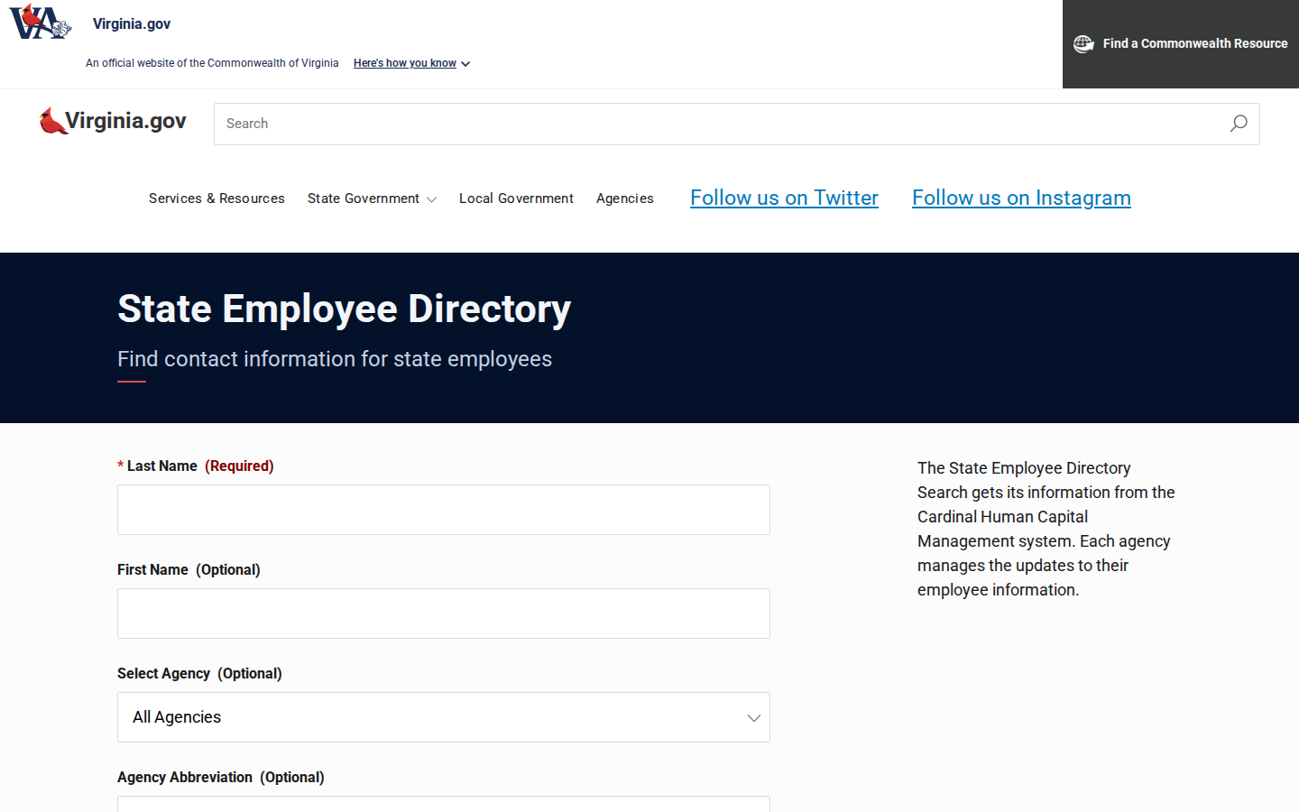 Virginia State Employee Directory search form with last name, first name and agency fields
