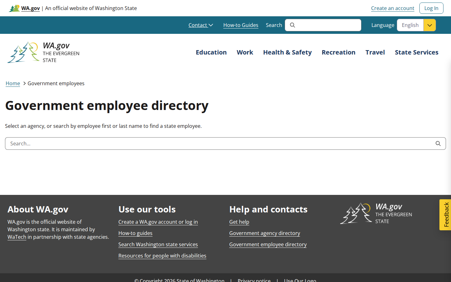 Washington Government Employee Directory search with last name, first name and agency fields