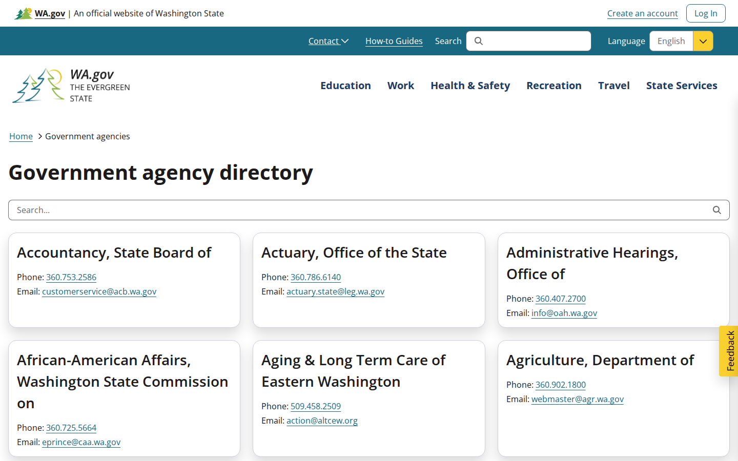 WA.gov Government agency directory with a search box and agency cards showing phone numbers and emails