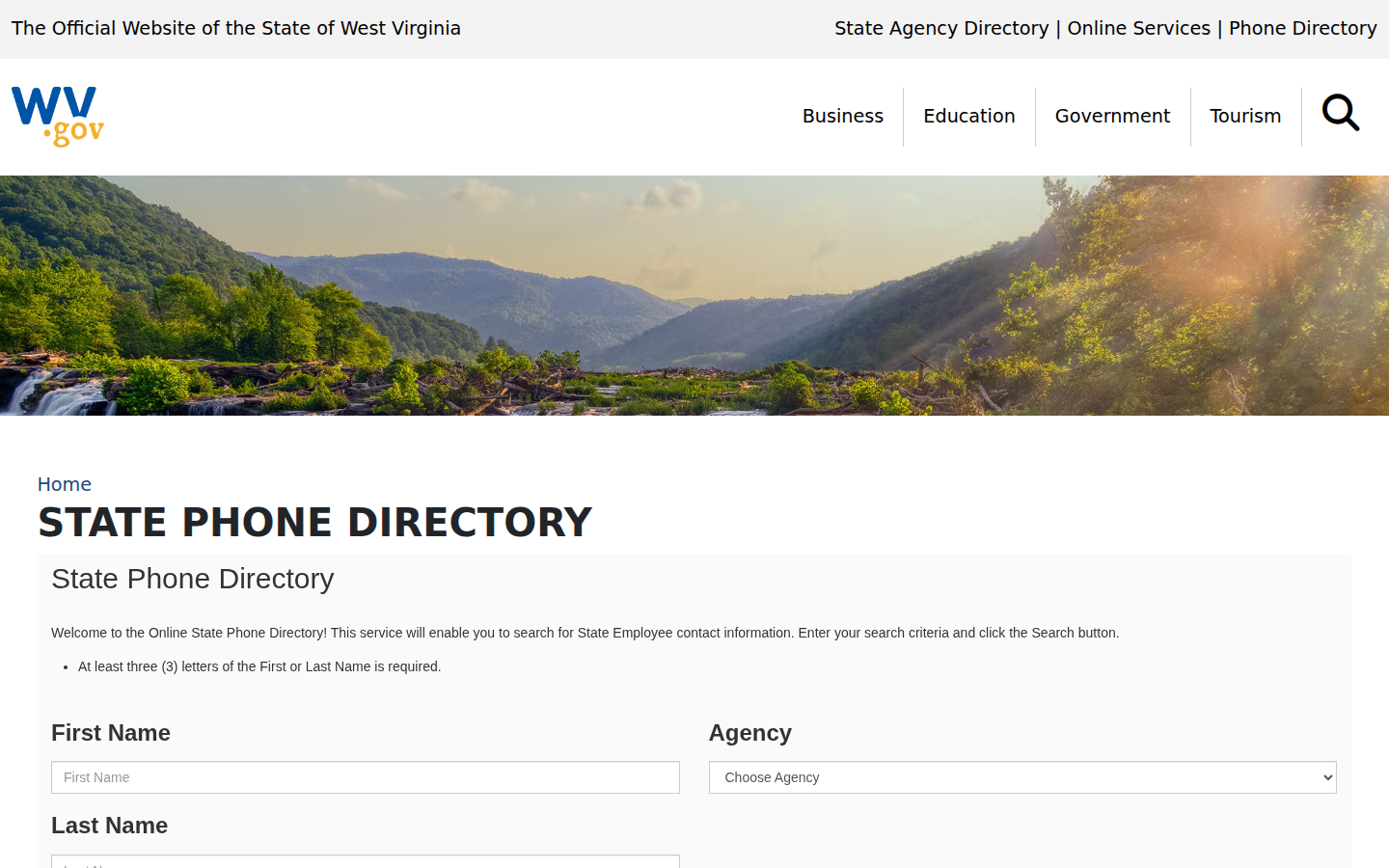 WV.gov State Phone Directory page linking to the phone directory search