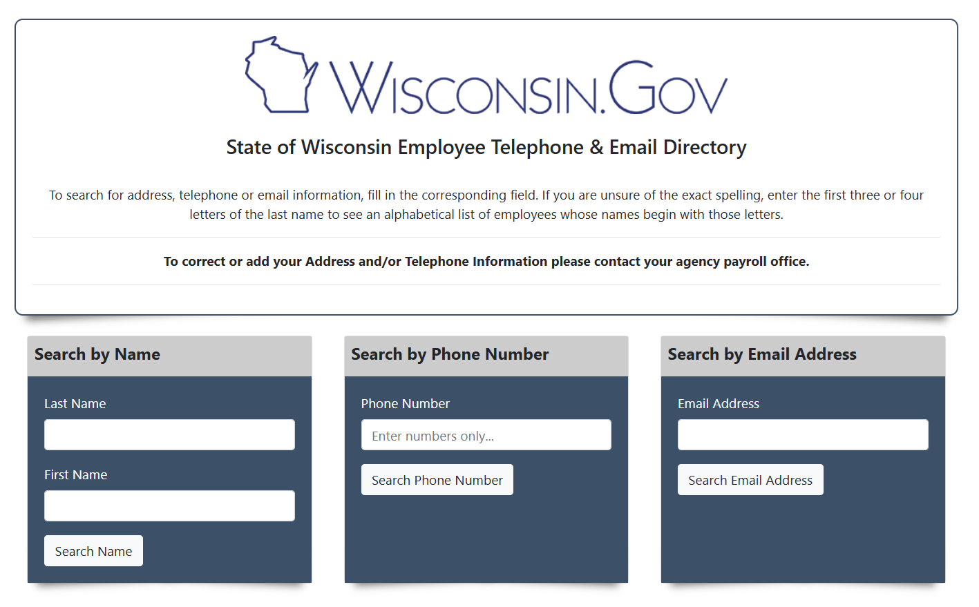 Wisconsin state employee directory with search by name, phone number and email options